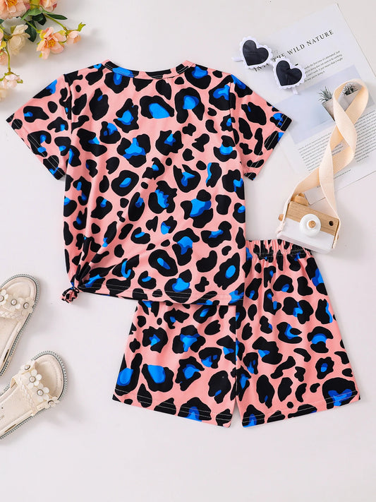 Summer 2-piece set of cute cartoon leopard casual children's clothing for girls, mixed color 4-8Y thin, cool and breathable