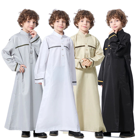 Ramadan Eid Islamic Boys Long Robe Children Traditional Arab Thobe Thawb Caftan Solid Color Long Sleeve Stand Collar with Pocket