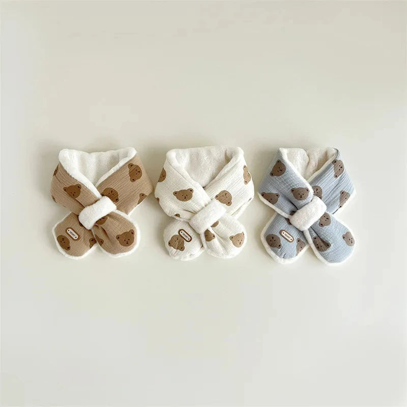 Cute Bear Baby Scarfs Winter Fleece Neck Warmer Cross Scarves for Girls Boys Toddler Kids Warm Accessories Korean 1-6 Years Old