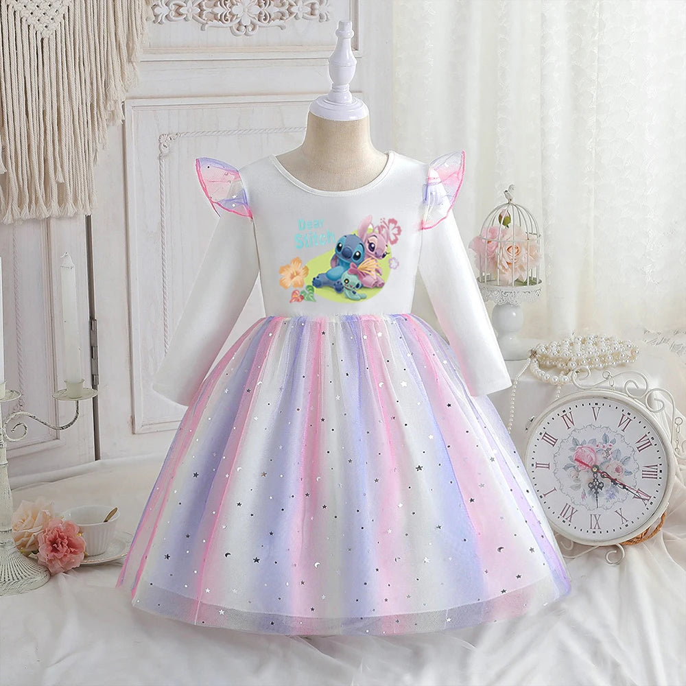 Stitch Princess Dress Autumn New Disney Baby Girls Dress Spring Autumn Long-sleeved For Children Kids Clothes Birthday Party