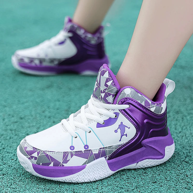 Hot Sale Basketball Shoes For Children Fashion Design Purple Children's Basketball Sneakers High Top Lace-up Kids Sports Shoes
