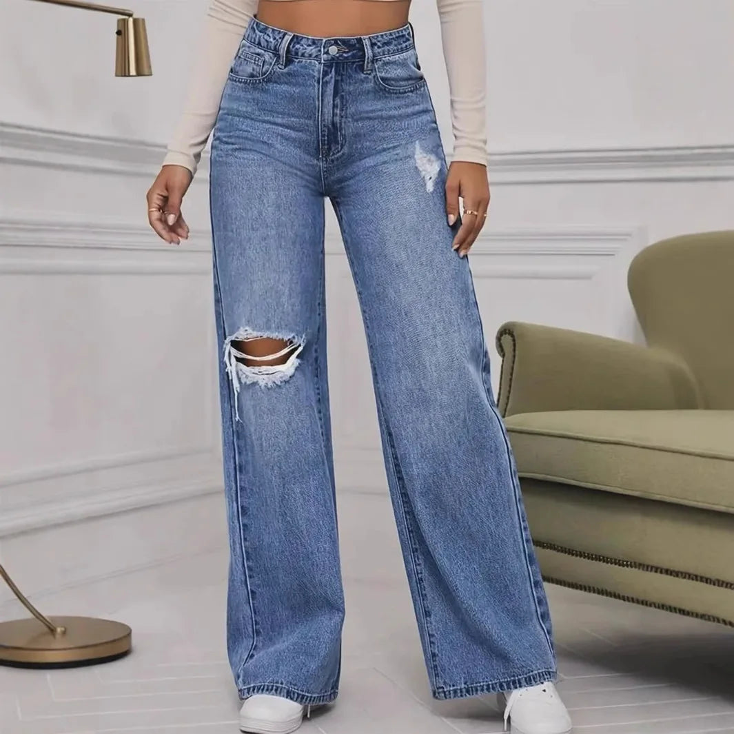 2025 New Washed Ripped Wide-leg Jeans, Fashionable and Casual High-waisted Floor-length Jeans for Women in Spring and Summer