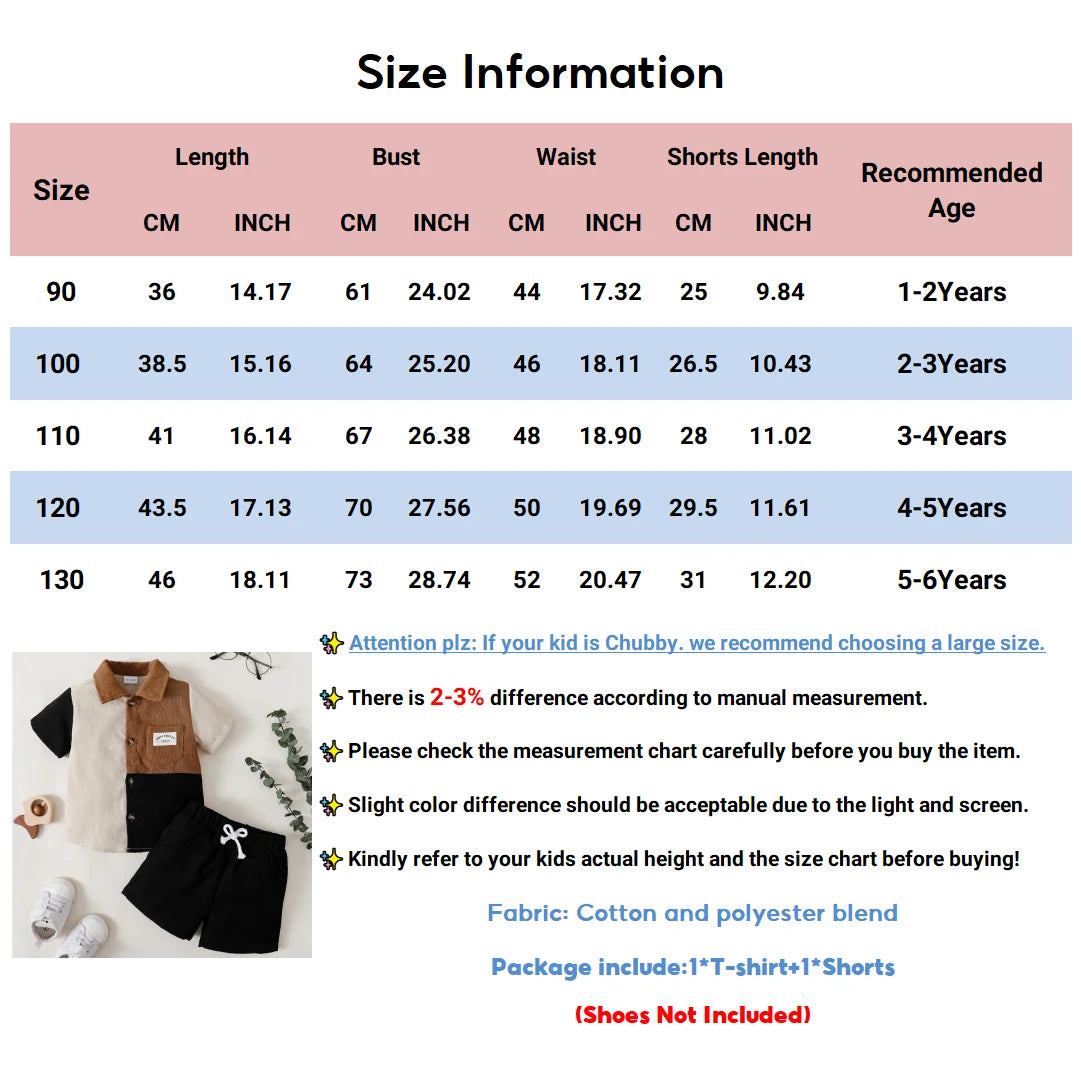 1-6 Year Children Boys' Flip collar Color Blocked Pit Stripe Top+Shorts Fashion 2Pcs /set Sunny  Handsome Boys' Summer Set