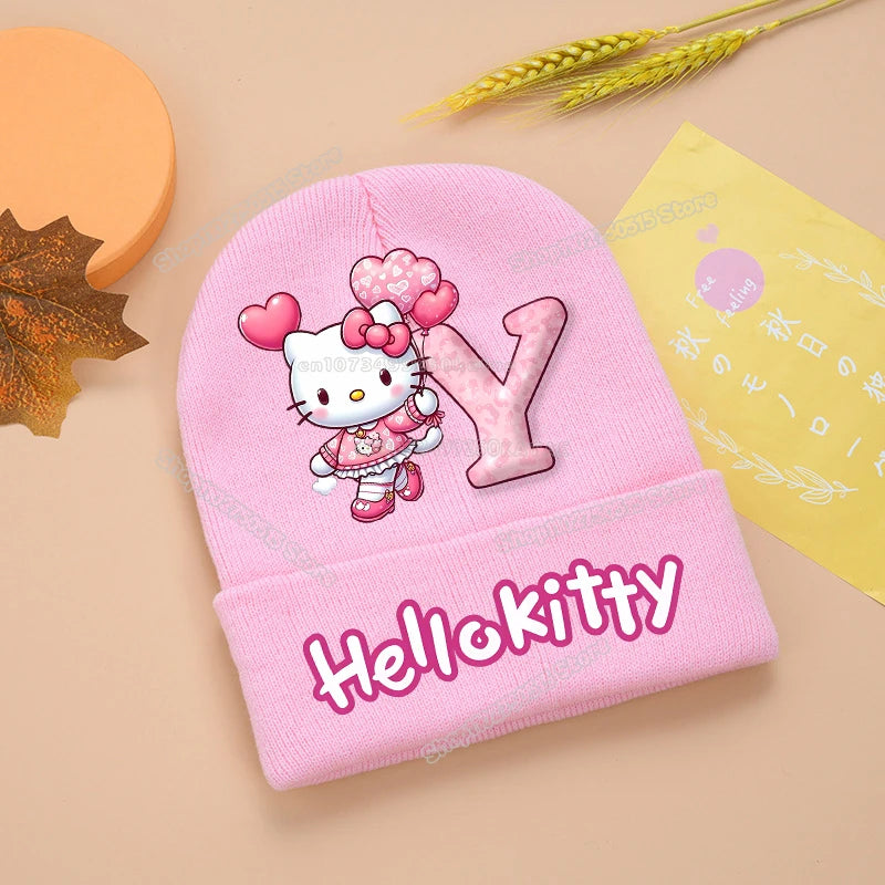 Hello Kitty Kids Knitting Hats Cute Letter A-Z Girl Winter Beanies Cartoon Print Weaved Bonnet Winter Warm Children Beanies Caps
