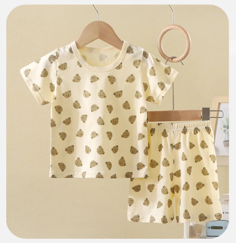 Summer Korean Nordic Style 0-5Y Kids Pajama Set Cotton Animal Print Pure Cotton Baby Girl Boy Sleeping Suit Casual Loose Clothes