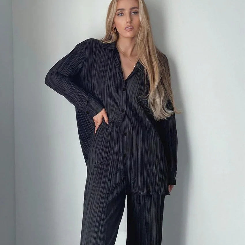 CM.YAYA Pleated Women's Set Long Sleeve Shirt Tops and Straight Wide Leg Pants Elegant Tracksuit Two 2 Piece Set Fitness Outfits