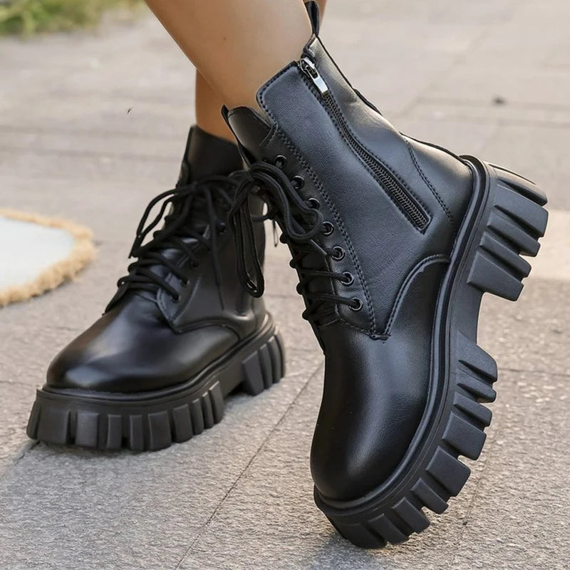 Round Toe Platform Ankle Boots Women Simple Black Pu Leather Boots Woman Autumn Winter Thick Sole Plus Size Office Lady Botas