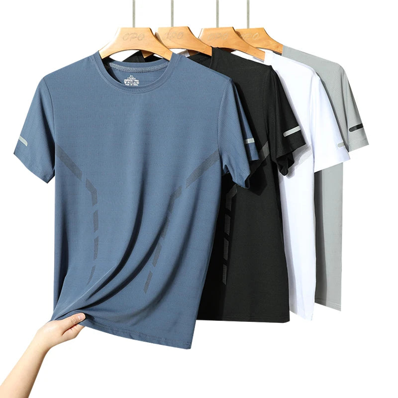 Men Running T-shirt Breathable Stretch Summer Top Gym Fitness Running Thin Short Sleeve Sportswear M-5XL Gray Blue Black White