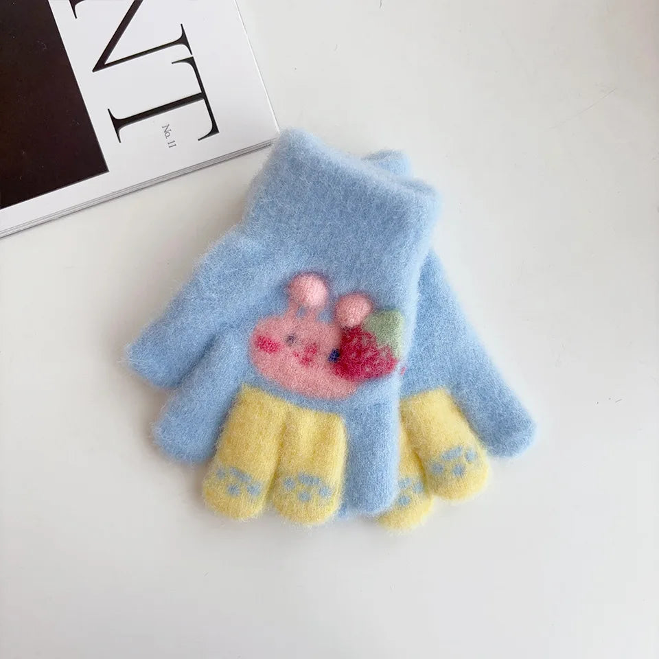 3-6Ages Children's Cute Strawberry Rabbit Kids Warm Gloves Autumn Winter Baby Boys Girls Five Finger Mittens Kindergarten Glove