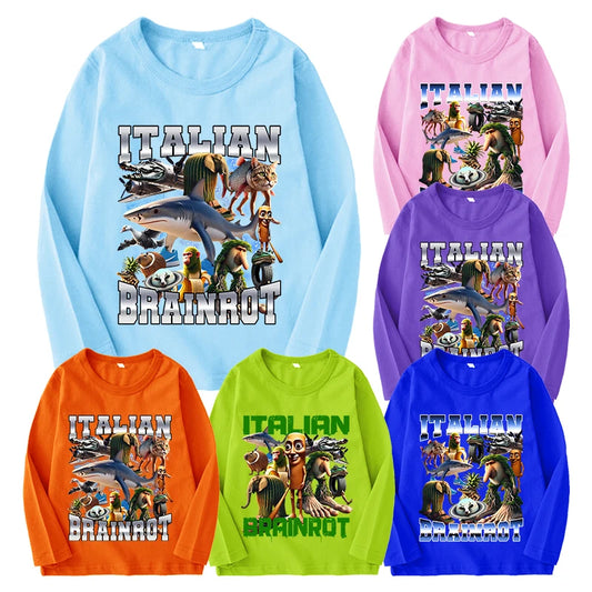 Italian Brainrot Long Sleeve T-shirt for Kids Funny Meme Children Autumn Tops Tung Tung Tung Sahur Tee Boy Girl Clothing Gifts