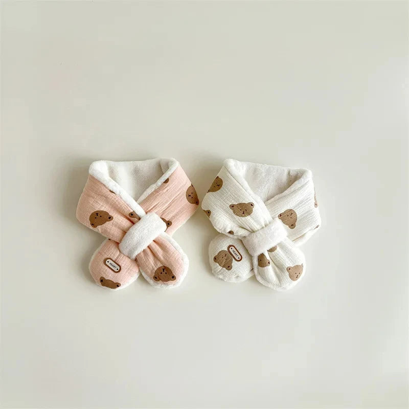 Cute Bear Baby Scarfs Winter Fleece Neck Warmer Cross Scarves for Girls Boys Toddler Kids Warm Accessories Korean 1-6 Years Old