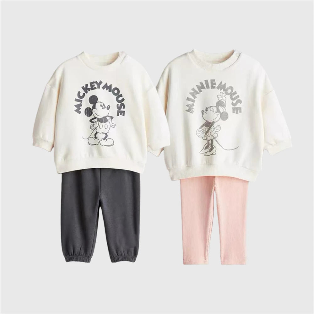 Baby Boys Girls Two-piece Set Mickey And Minnie Sweatshirts Solid Color Pants 2-6Age Toddler Casual Pullovers Simple Trousers