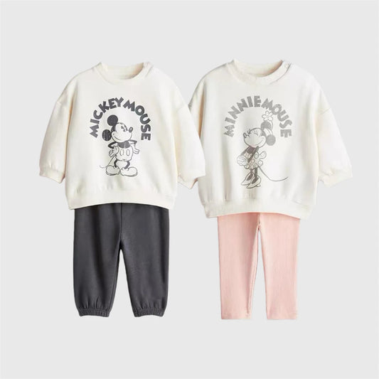 Baby Boys Girls Two-piece Set Mickey And Minnie Sweatshirts Solid Color Pants 2-6Age Toddler Casual Pullovers Simple Trousers