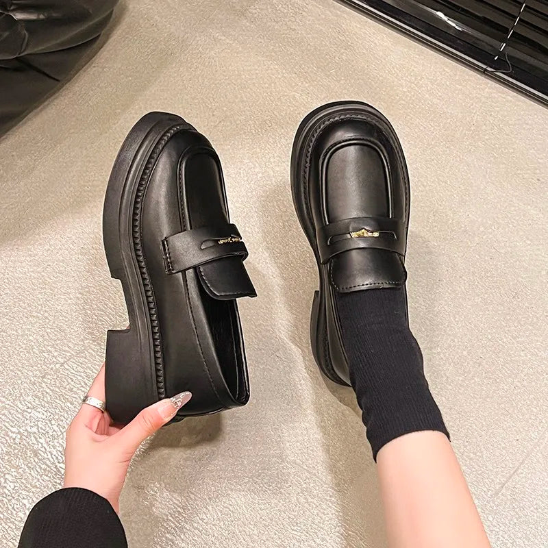 Heel Slip-On Loafers Vintage British Style Comfortable Women's Shoes Fashionable Versatile College Style Casual Penny Loafers