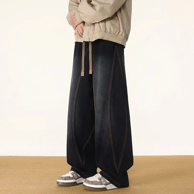 Trendy Wide Leg Knife Edge Jeans Men's Loose Straight Leg Long Pants American Style Vintage Cotton Denim Spring New Arrival