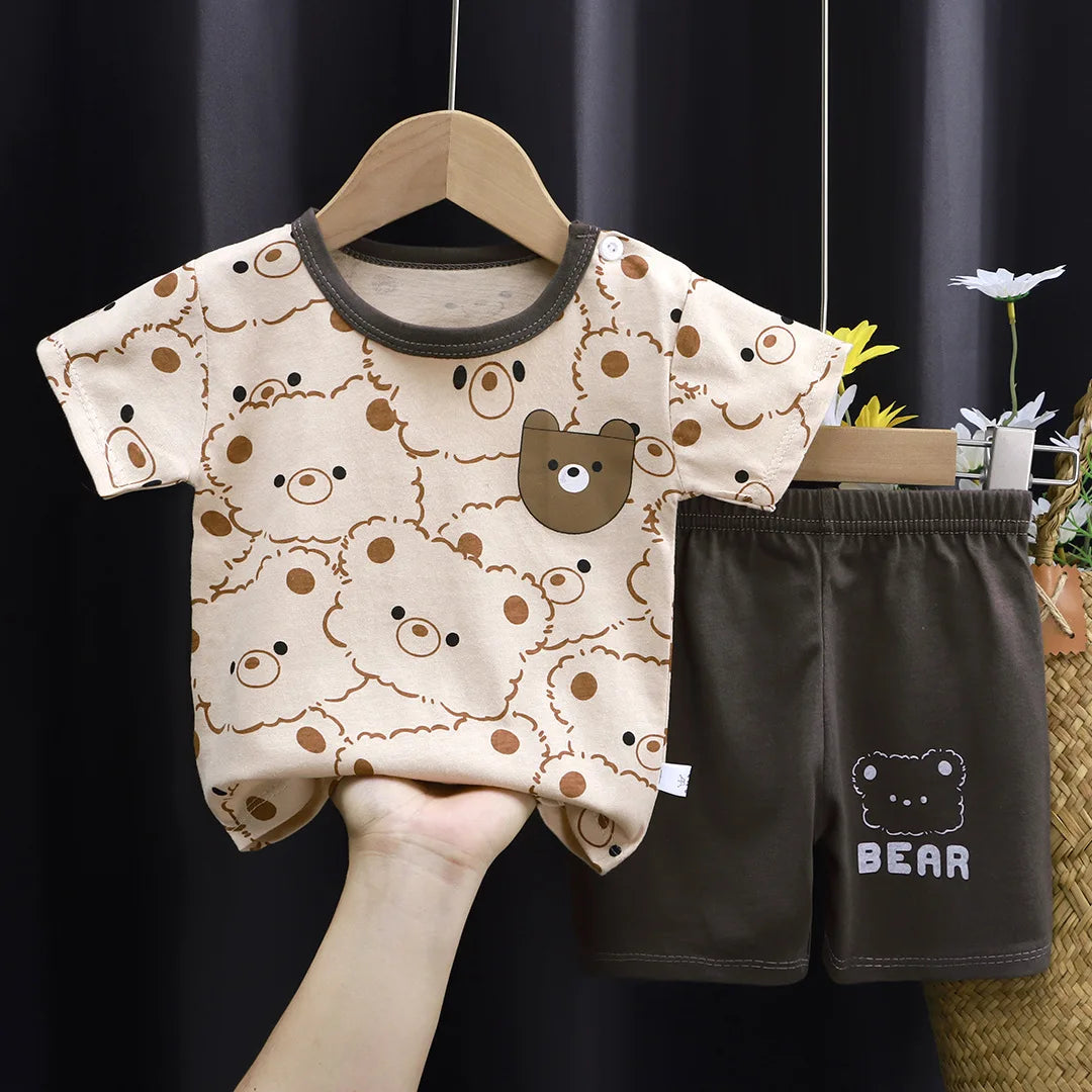 New Boys Summer Clothing Set Full Bear Print Cotton Short Sleeve T-shirts and Shorts 2PCS Breathable Outfit For Girls