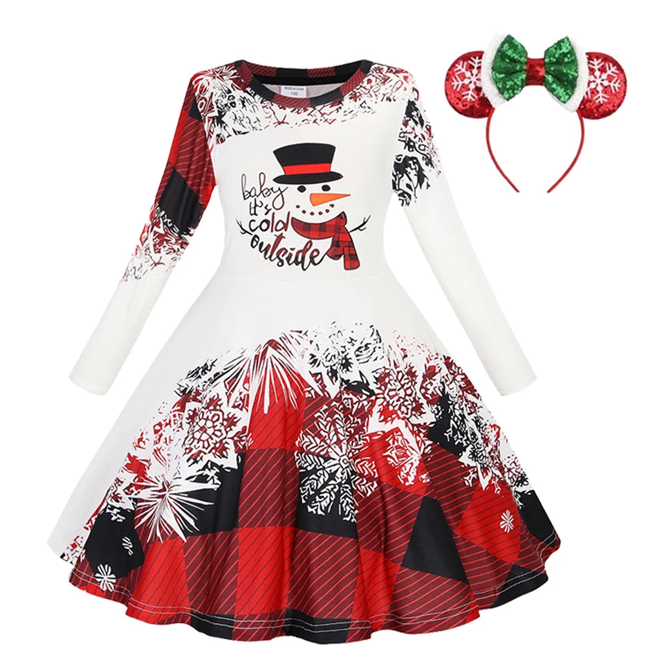 Kids Christmas Dress For Girls Clothes Autumn Winter 2026 New Children Cute Cartoon Print Long Sleeve Xmas Party Casual Dress