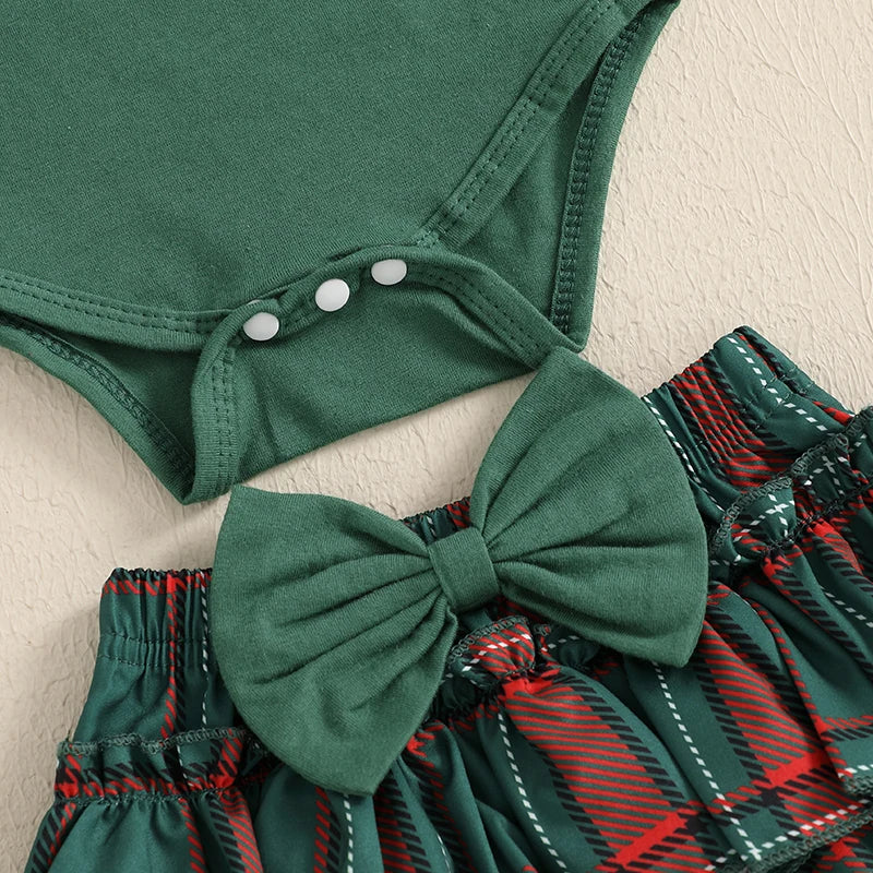 2024-08-20 Lioraitiin Christmas Infant Baby Girl Outfit Letter Ruffle Long Sleeve Romper Plaid Layered Ruffle Shorts Clothes