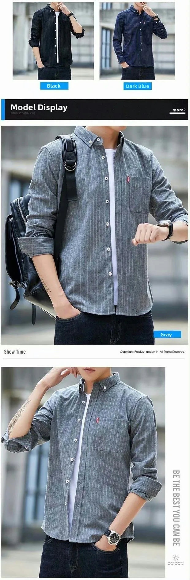 Oxford Cloth Long Sleeve Casual Shirt Thin Summer Men's Fashion Striped Shirt Versatile Loose Fit Sharp Collar Wool Blend