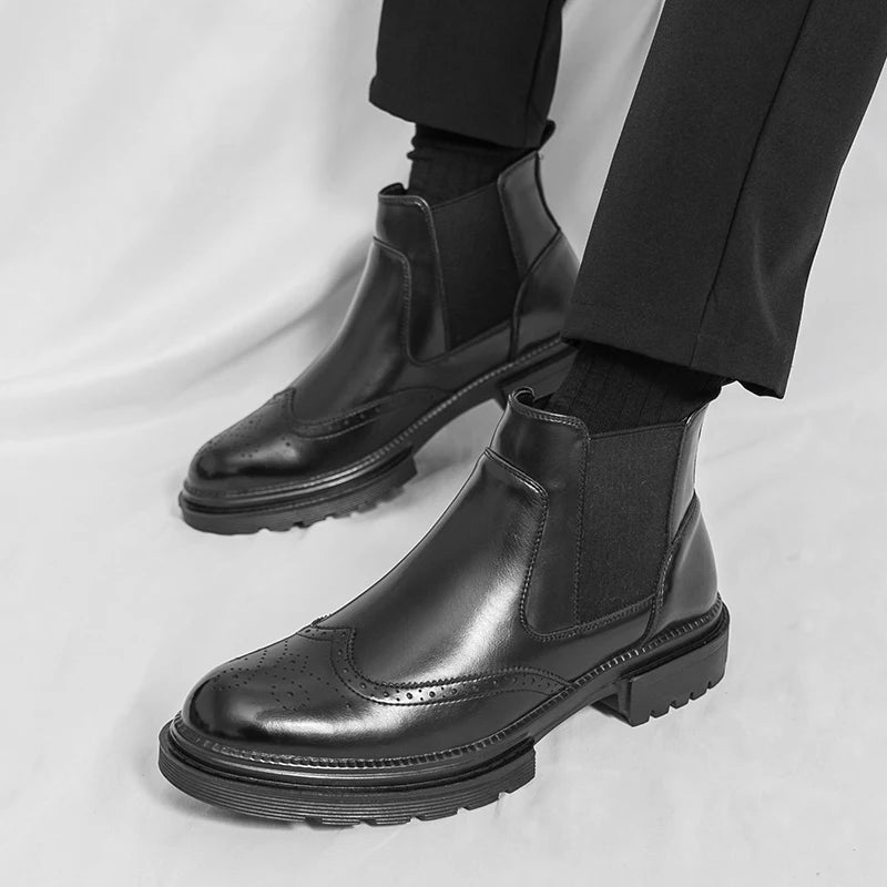 Men's riding boots British-style retro brogue carved high-top leather shoes men's casual leather shoes thick-soled leather boots