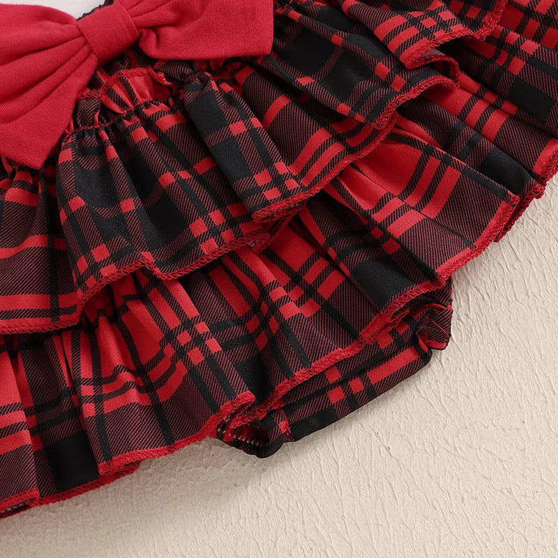 2024-08-20 Lioraitiin Christmas Infant Baby Girl Outfit Letter Ruffle Long Sleeve Romper Plaid Layered Ruffle Shorts Clothes