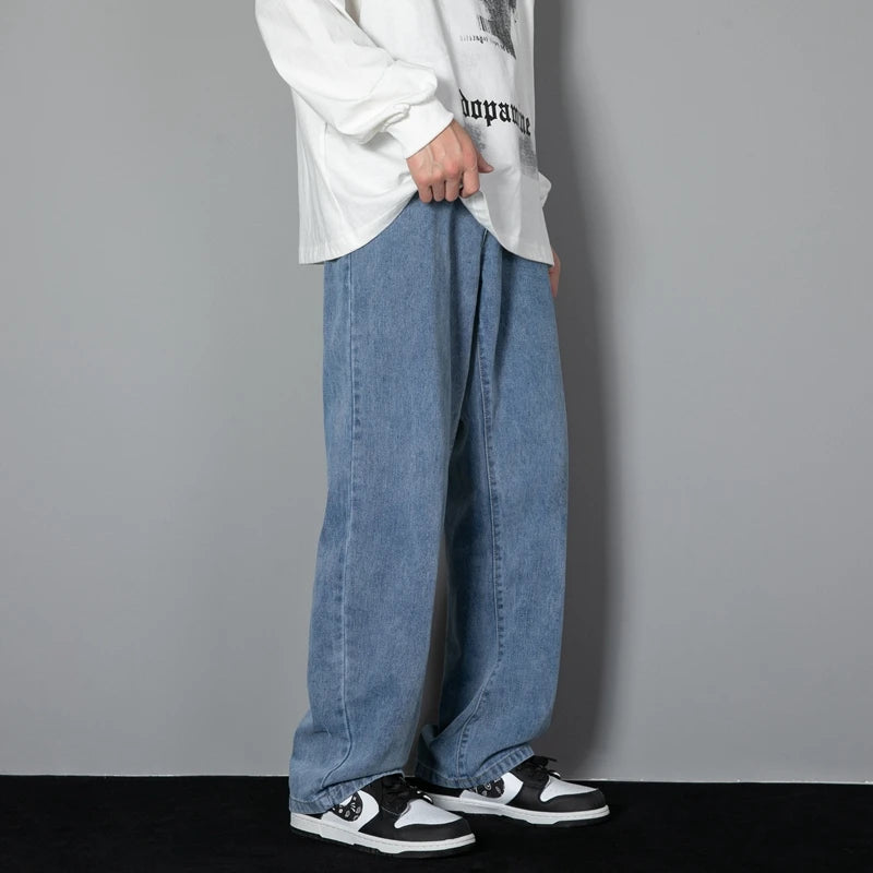 2025 New Korean Men's Casual Long Jeans Classic Man Straight Denim Wide-leg Pants Solid Color Light Blue Grey Black