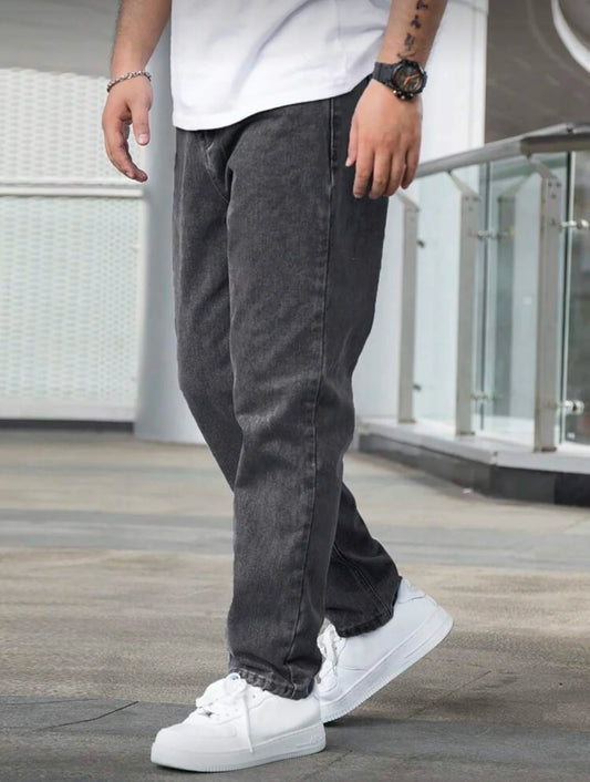 Men's Loose Straight Jeans, Vintage Dark Grey Washed, Casual Daily Wear, Comfortable & Versatile, All Sizes