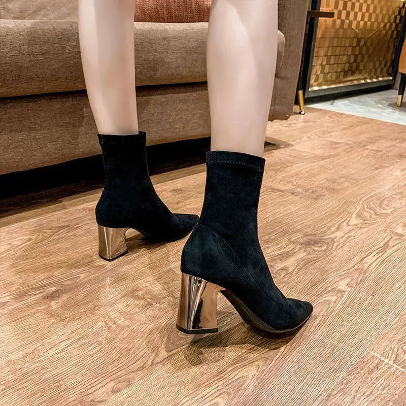 Womens Sexy Boots Suede Women'S Thick Heels And Pointed Black High Heels Versatile And Elegant Boots Zapatos De Mujer Ofertas