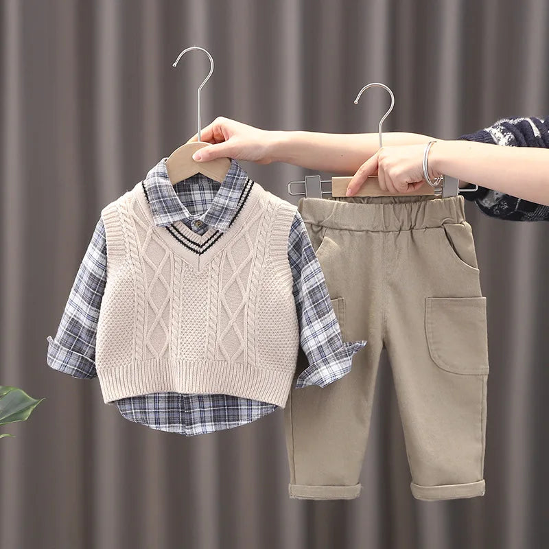 New Spring Autumn Baby Boys Clothes Suit Children Casual Plaid Shirt Vest Pants 3Pcs/Sets Toddler Cotton Costume Kids Tracksuits