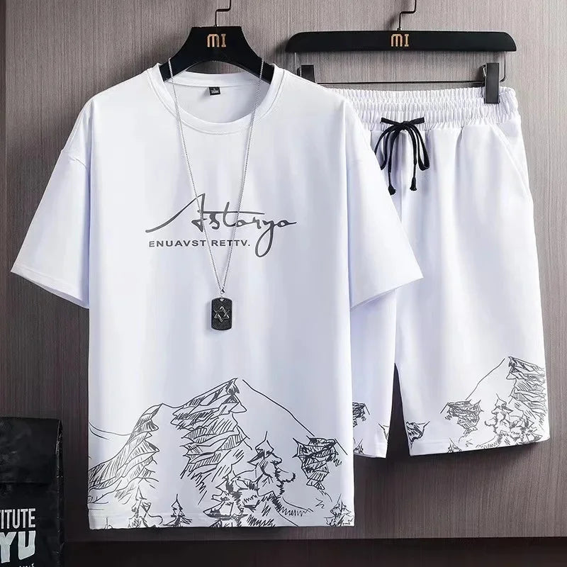 Ice Sensation Printed Summer Short Sleeve T-Shirt Set Men's Loose Basketball Sports Two-Piece Quick Dry Breathable Casual Wear