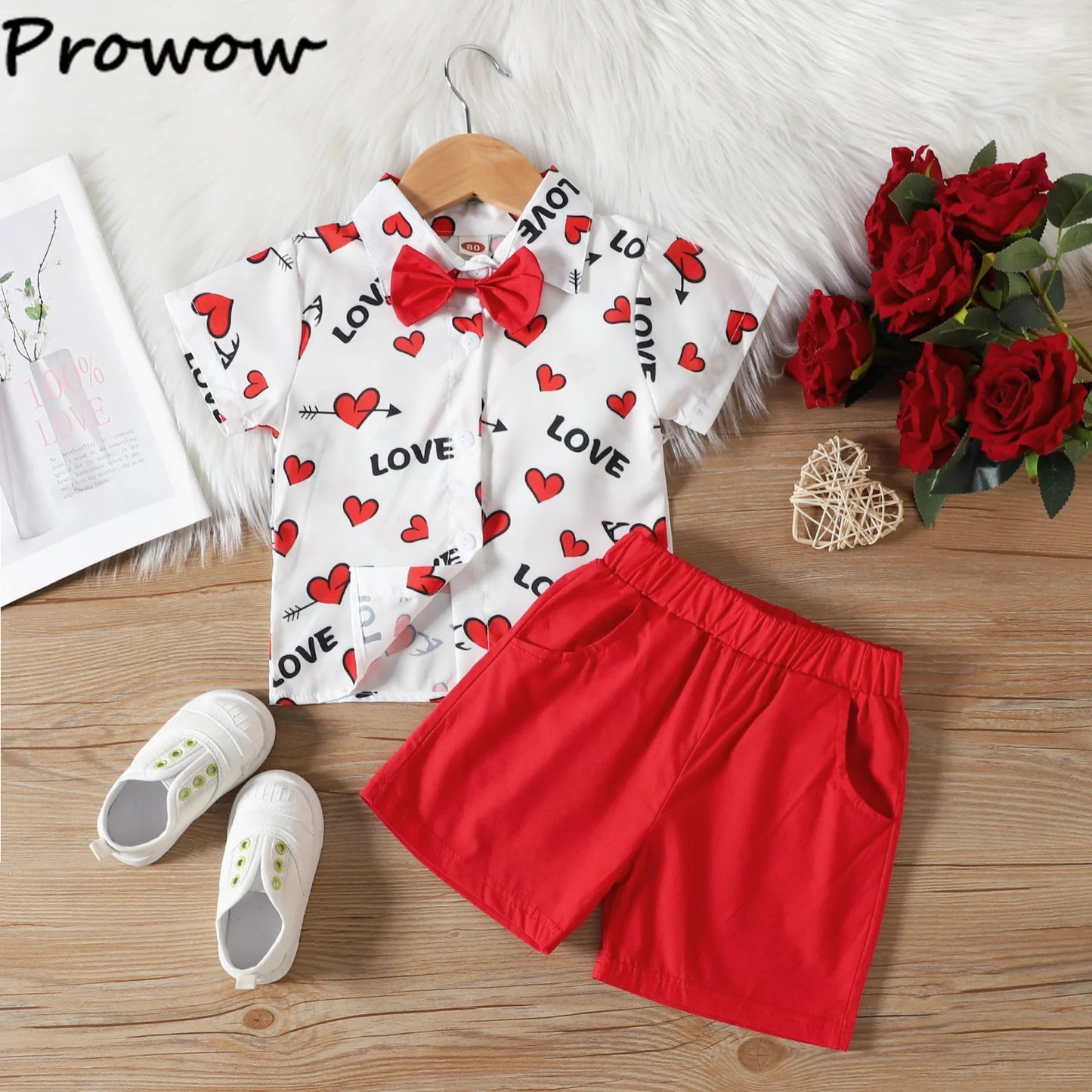 Baby Boys Valentines Day Outfits For Kids Short Sleeve Necktie Heart Print Shirts and Red Shorts Toddler Valentines Day Costumes