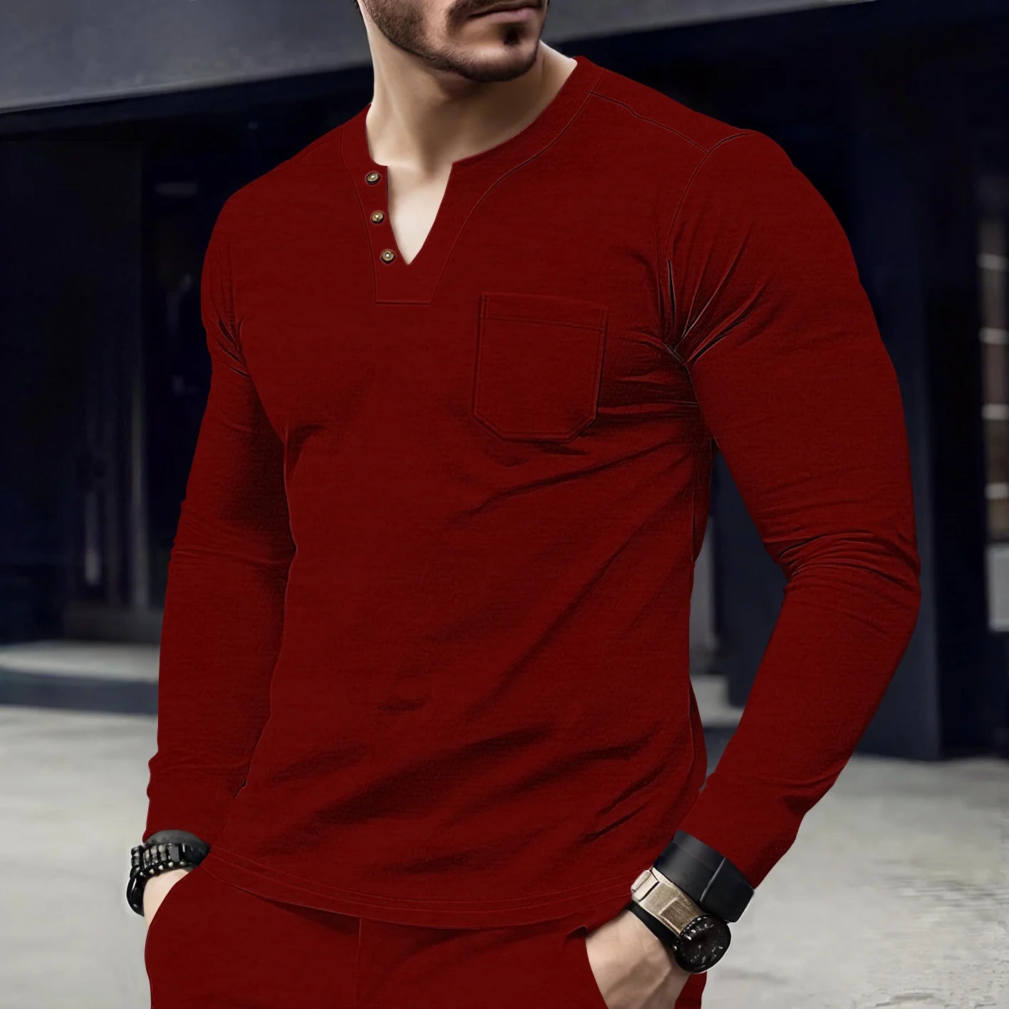 New Spring/Summer Men's Casual V-neck Long sleeved Top with Button Pocket T-shirt Outdoor Versatile Trendy Fashion Men's Top