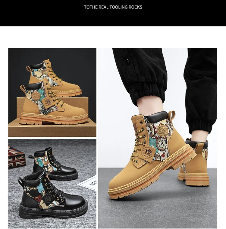 New Men's Boots Designer Luxury Men Working Boots High Tops Platform Leather Shoes for Men British style Motorcycle Botas Hombre