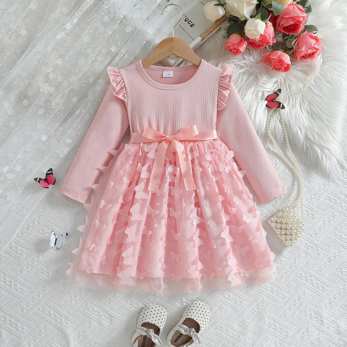 Custom Made Girls' Dresses Girl Three Butterfly Sweet Mesh With Belt Long Sleeved Dress Vestidos De Bebê