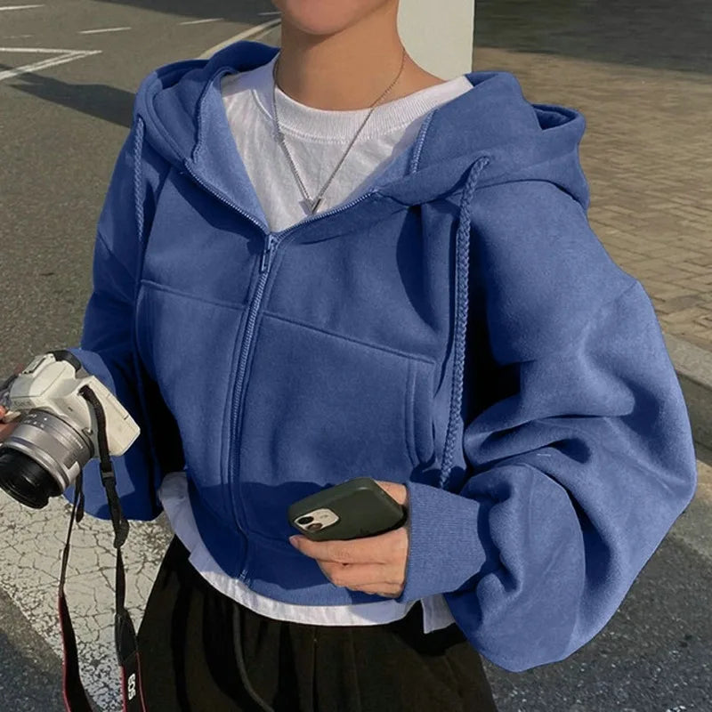 Fashion Zipper Hood Sweatshirt Women Autumn Long Sleeve Crop Tops Casual Y2K Hoodies Streetwear Harajuku Female Jackets Coats