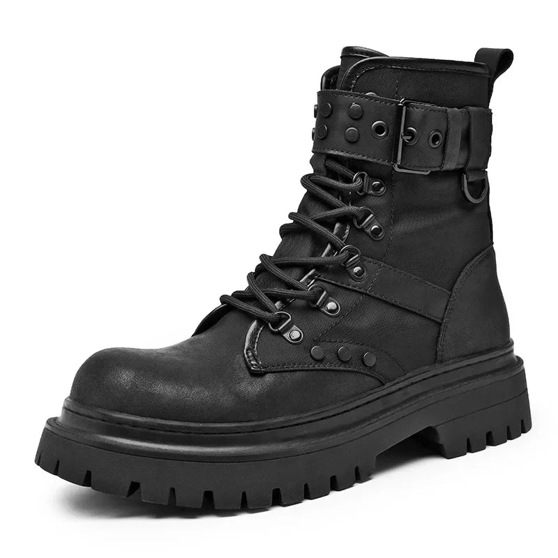 Men's High-Top Boots Retro British Style Black Tooling  Boots Fad Belt Buckle Designer Motorcycle Boot Man Casual Platform Boots