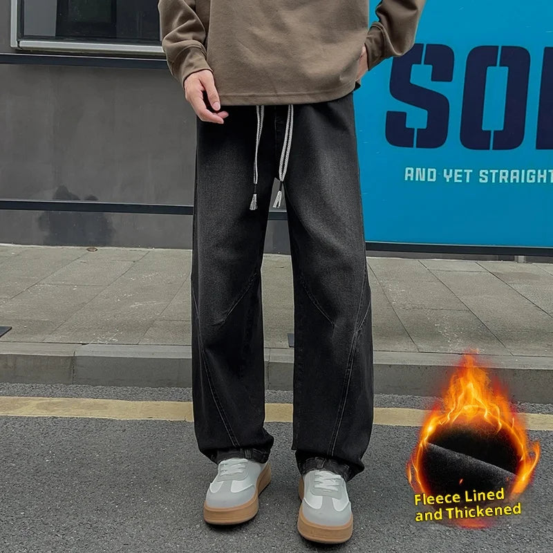 Men's Fleece-Lined Thick Wide-Leg Jeans with Vintage Washed Design, Elastic Drawstring Waist, Winter Warmth That Doesn'T Freeze the Legs, Available in Black/Blue, Loose Fit That Makes You Look Slimmer and Taller, Suitable for