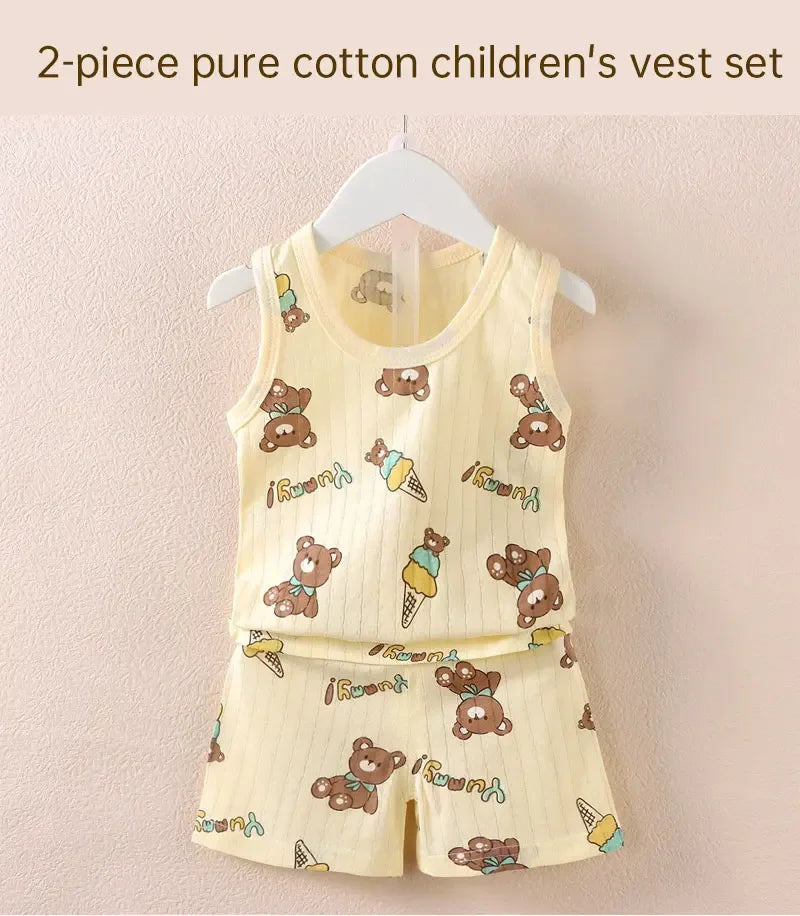 Summer Kids Baby Pajamas Vest+Shorts 2-Piece Clothing Set Boys Girls Cartoon Lion Giraffe Cotton Casual Clothes Suit 0-4 Years