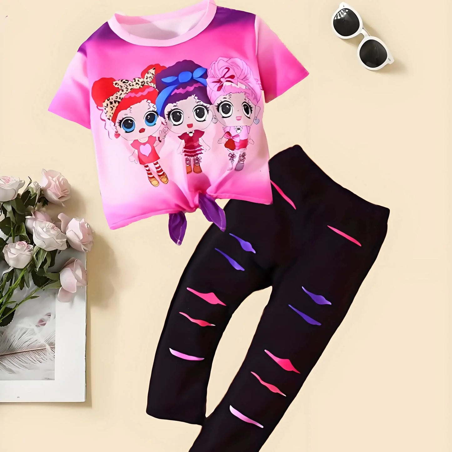 Cute Girl Suit, Cartoon Girl Print With Patterned Pants, Suitable For Girls To Wear Summer
