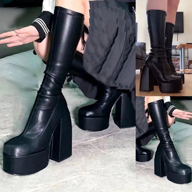 Boots for Women 2022 Knee High Shoes on Platform Heels Punk Style Autumn Winter Chunky Gothic Plus Size Sexy Pole Dance Luxury
