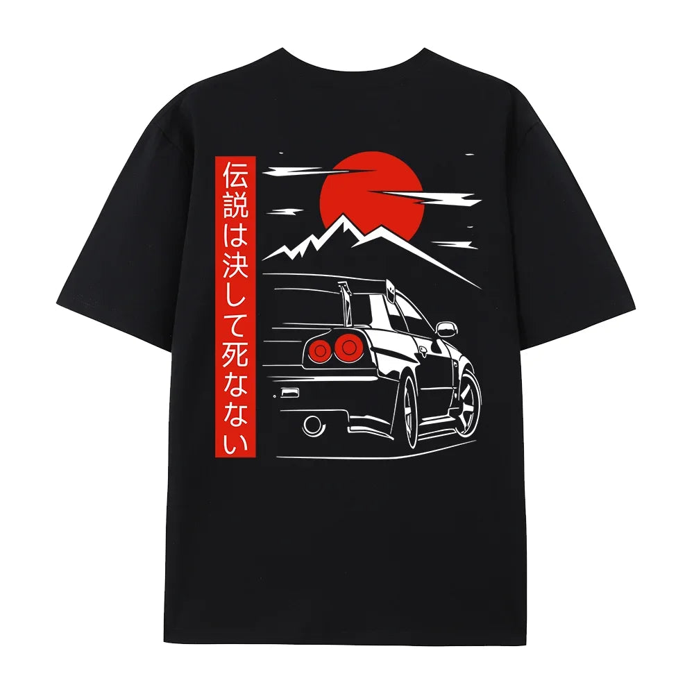 Japanese Style Car JDM Culture GTR R34 Racing T Shirts Men Back Print Street Wear Original Design Oversized Tops Tee