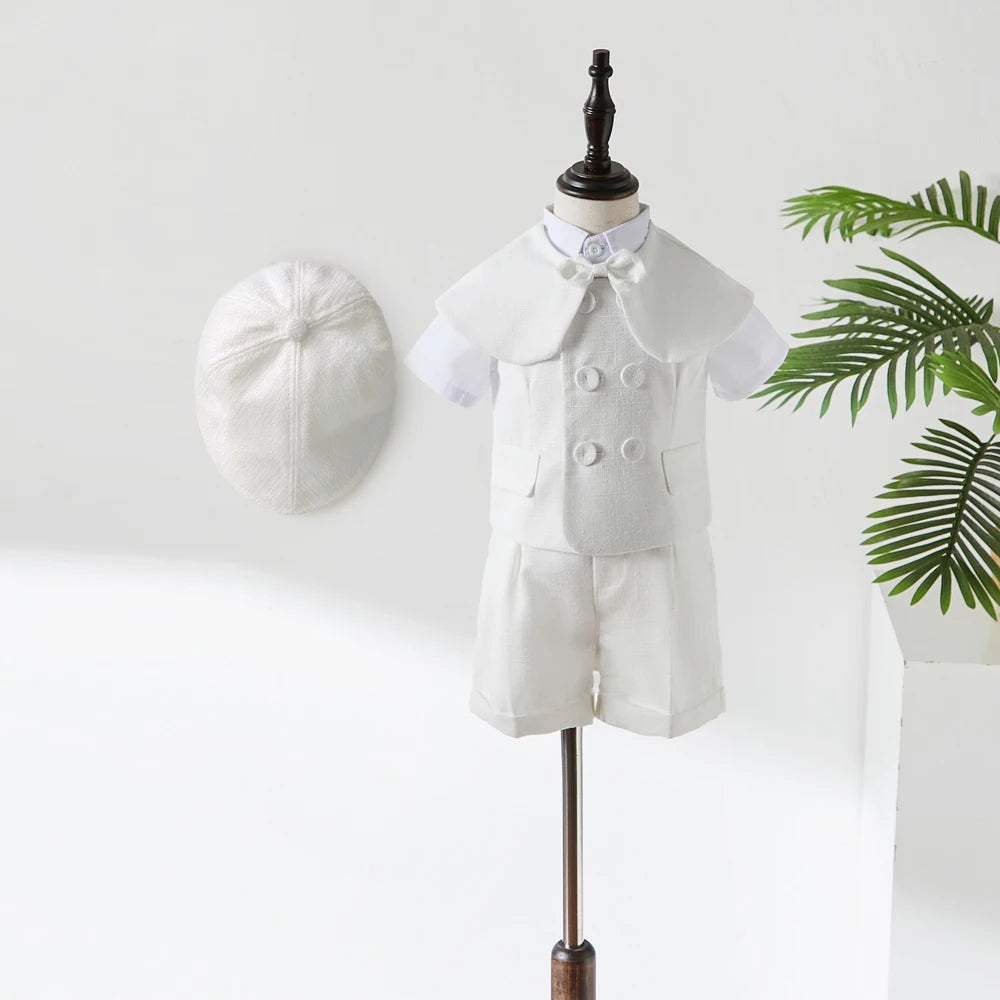 White Boys Suits Fashion Formal Baptism Party Dress Vest shawl Shorts hat 4pcs sets Outfits Kids Birthday Boutique Clothing set