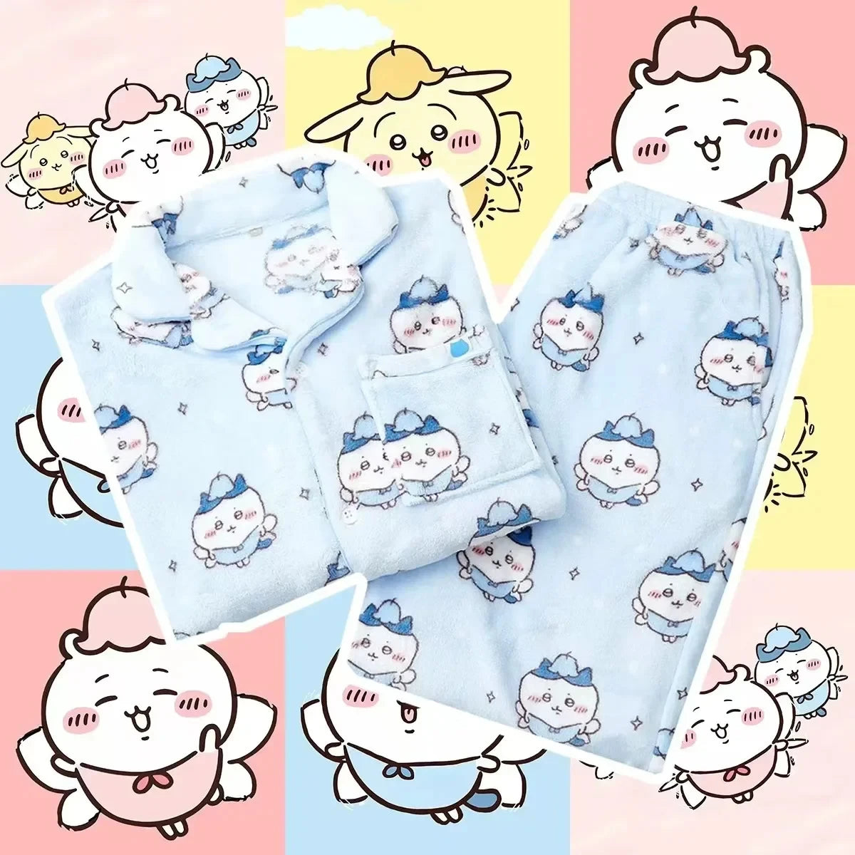 Chikawa Flannel Pjs Thicken Winter Usagi Long Sleeved Pajama Pants Set for Women Plus Velvet Cute Blue Hachiware Home Clothes