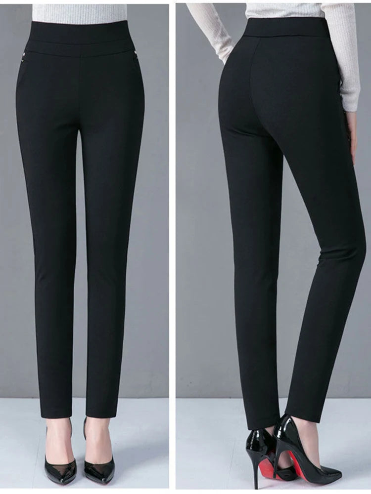 2025 Autumn Winter Casual Elegant Office Slimming Solid Color Fleecing Thick Thin Women's Pants Elastic Waist Tight Pencil Pants