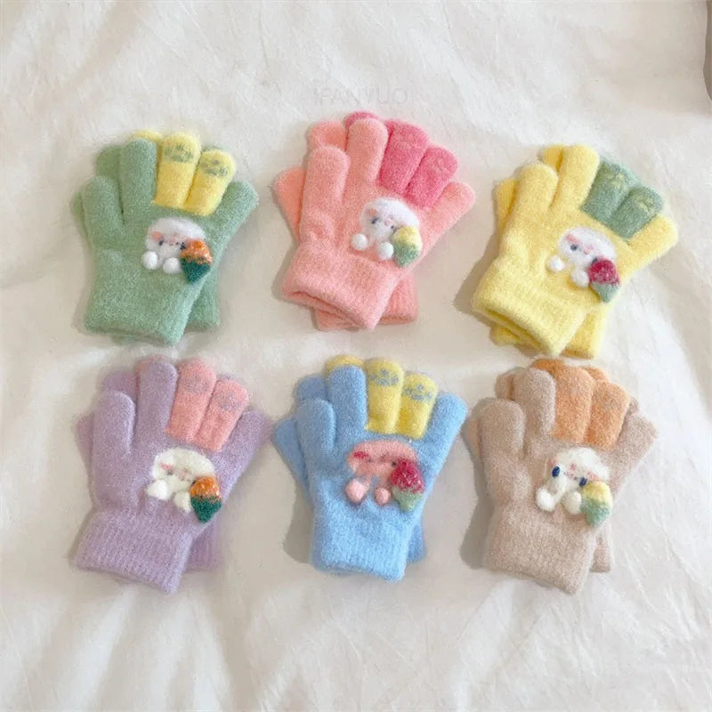 3-6Ages Children's Cute Strawberry Rabbit Kids Warm Gloves Autumn Winter Baby Boys Girls Five Finger Mittens Kindergarten Glove