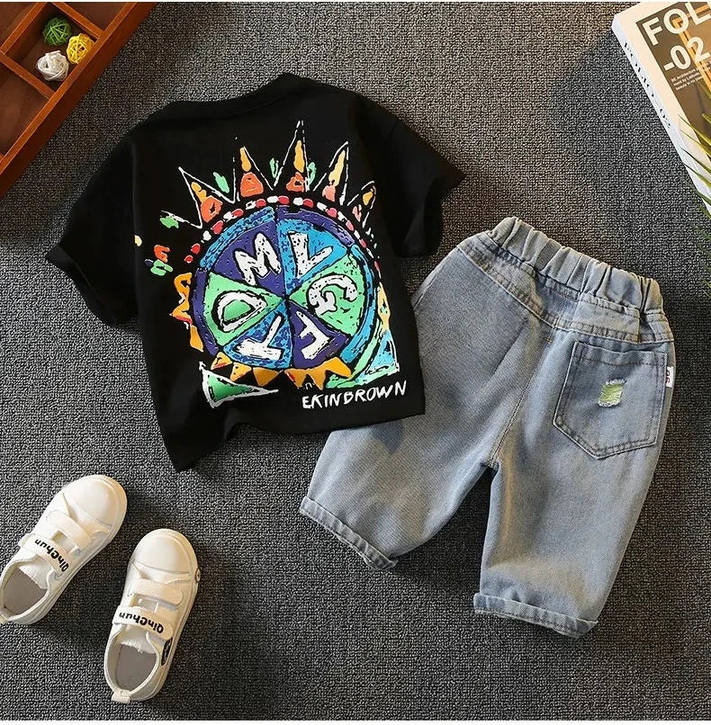 Korean Baby Boys Summer Sets Children's Clothing Short-Sleeved Letter T-Shirt & Denim Shorts Kids Boys Outfits Clothes 2-11Y