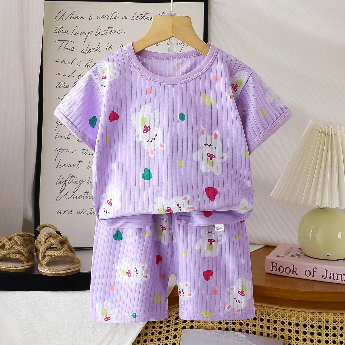 Kids Summer Pure Cotton Clothing Sets Boys Girls Cute Cartoon Short Sleeve T-Shirt Tops with Shorts Toddler Baby Casual Pajamas