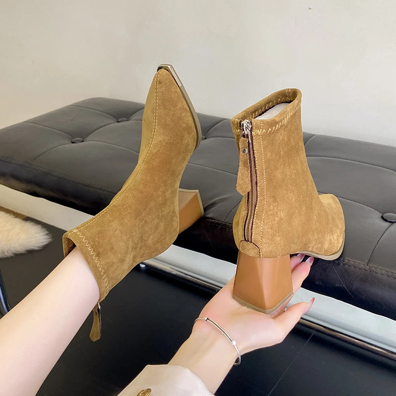 Fashion Pointed Toe Suede Single Boots 2025 New Temperament Block Heel Fashion Boots Booties Women