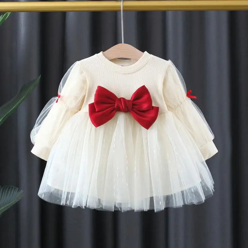 Children's Korean version dress girls' spring and autumn fashion long sleeved bow mesh dress baby's birthday dress 0-4Y