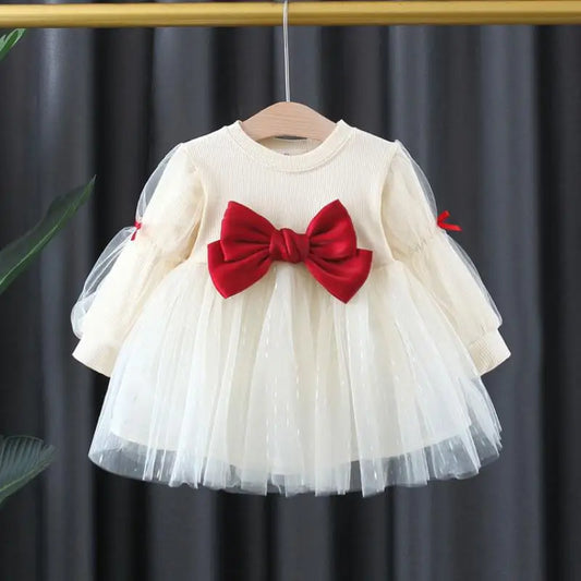 Children's Korean version dress girls' spring and autumn fashion long sleeved bow mesh dress baby's birthday dress 0-4Y